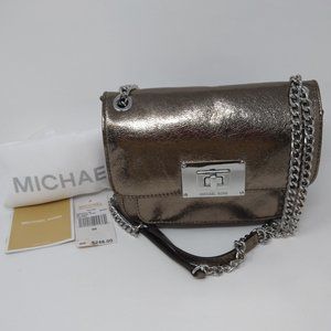 NWT! Women's Michael Kors Sloan Nickel Leather Shoulder/Crossbody Flap Handbag